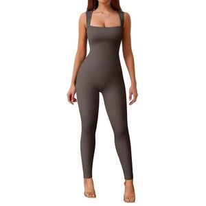 OQQ Small Taupe Bodysuit Stretch Slimming Ribbed Square Neck Jumpsuit One Piece